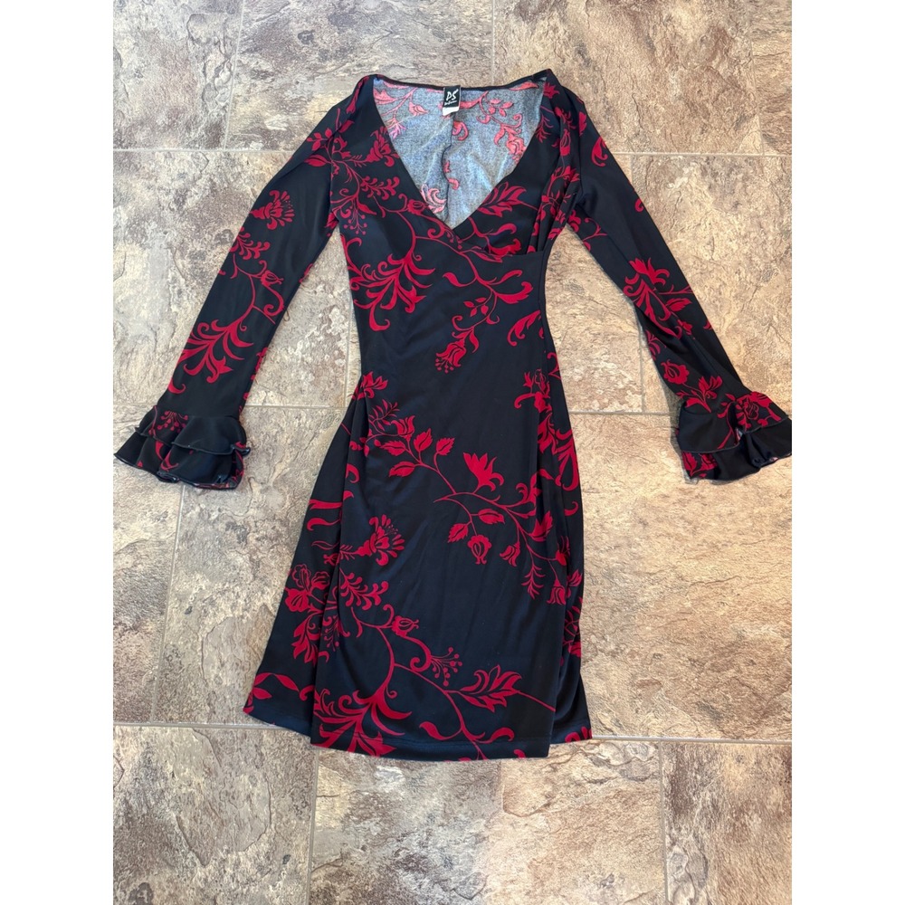 1990s Per Seption Dress Black Red Flared‎ Made in USA Medium Paper Tag Y2k